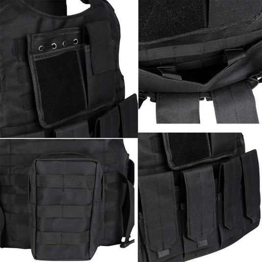 Close-up collage van de "Ontketen je ware potentieel met het verstelbare tactical vest voor paintball!" in het zwart, met de nadruk op het klittenbandvak met klep, de verschillende opbergvakken aan de voor- en zijkant en de verstelbare pasvorm voor elke missie of spelscenario.