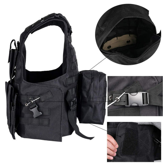 Het "Ontketen je ware potentieel met het verstelbare tactische vest voor paintball" is ideaal voor paintball, met accessoirezakjes, verstelbare bandjes en veilige gespsluitingen. Close-ups benadrukken details aan de binnenkant en de sluiting voor een perfecte pasvorm.