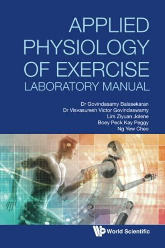 Op de omslag van "Applied Physiology of Exercise Laboratory Manual" staat een menselijke figuur afgebeeld naast een digitale interface met onderaan de Running Energy Research Index, gegevens van de auteurs en de uitgever.