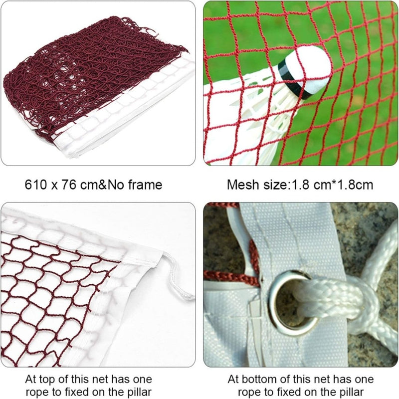 Load image into Gallery viewer, Het &quot;Verbeter je badmintonspel met het veelzijdige badmintonnet&quot; is een rood polyester net met witte randen, 610 x 76 cm groot en een maaswijdte van 1,8 cm. Het bevat een bovenste touwlus, onderste touw met metalen ring en wordt geleverd met een draagtas voor eenvoudig transport. Bal afgebeeld gevangen in het net.
