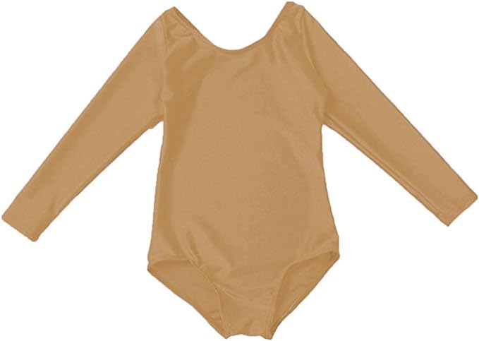 Laad afbeelding in Galerijviewer, Balletshirt voor meisjes met lange mouwen in beige, voorzien van een elegante ronde halslijn, ideaal voor danslessen. Aangeboden tegen een effen witte achtergrond.
