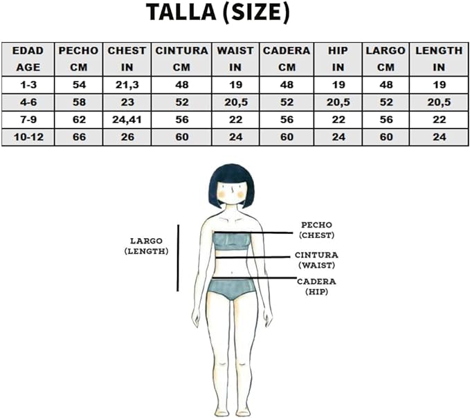 Laad afbeelding in Galerijviewer, Maattabel in cm en inches voor leeftijden 1-12, met borst, taille, heup en lengte met een illustratie voor metingen. Perfect voor het kiezen van het ideale &quot;Balletshirt voor meisjes: Dans met elegantie en comfort!&quot; voor danslessen.
