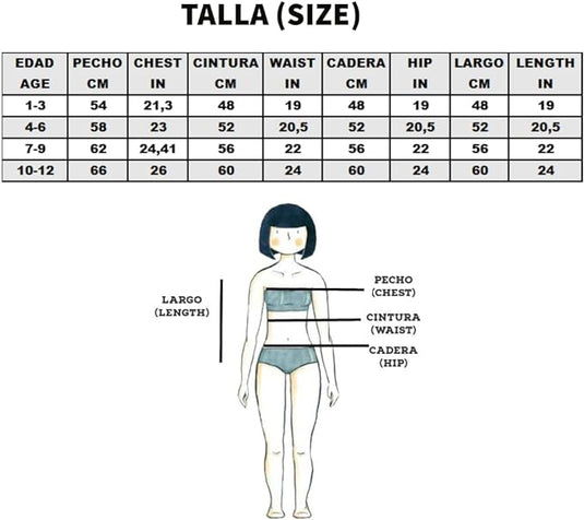 Maattabel voor leeftijden 1-12 met borst-, taille- en heupmaten in cm en inches. Geïllustreerd meisje met lijnen op de borst (pecho), taille (cintura) en heup (cadera). Perfect voor het passen van "Balletshirt voor meisjes: Dans met elegantie en comfort!" of kleding met lange mouwen voor aankomende danslessen.