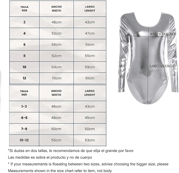 Laad afbeelding in Galerijviewer, Het &quot;Balletshirt voor meisjes: Dans met elegantie en comfort!&quot; is een zilverkleurig bodysuit met lange mouwen voor ballet, met een tweetalige maattabel (Spaans en Engels) voor de maten 2 t/m 10. Kies de grotere maat als u tussen twee maten in zit, ideaal voor lange mouwen danslessen.
