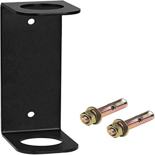 Zwarte L-vormige metalen beugel met twee gaten, inclusief bouten, ringen en moeren voor montage. Ideaal voor ruimtebesparende opstellingen en biedt een georganiseerde opslagoplossing met de "Organiseer je barbell veilig en ruimtebesparend met ons gewichten rek voor barbell opslag.