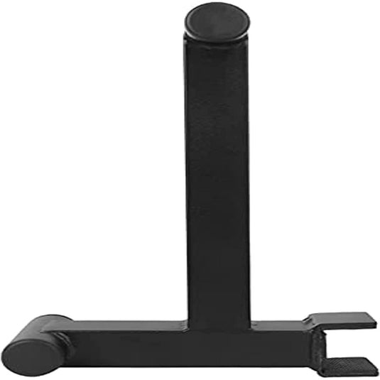 L-vormige zwarte beugel met twee cilindrische bevestigingen en een plat haakvormig uiteinde, gemaakt van Barbell-staal. mini bar: Versnel je training en verbeter je resultaten, ontworpen voor structurele ondersteuning of montage.