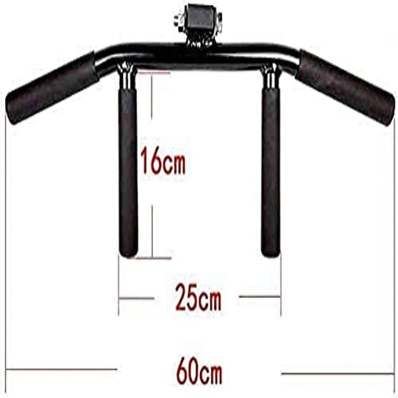 Laad afbeelding in Galerijviewer, Zwarte optrekstang met verticale handgrepen en gevoerde handgrepen, perfect voor krachtoefening. Afmetingen: 16 cm hoog, 25 cm breed tussen de handvatten en 60 cm lang. Ideaal voor rugtraining of als aanvulling op &quot;Ontdek de veelzijdigheid en duurzaamheid van de barbell T-bar row.

