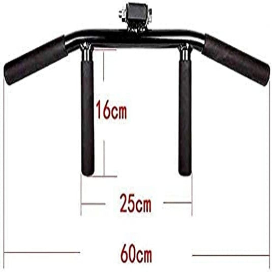 Zwarte optrekstang met verticale handgrepen en gevoerde handgrepen, perfect voor krachtoefening. Afmetingen: 16 cm hoog, 25 cm breed tussen de handvatten en 60 cm lang. Ideaal voor rugtraining of als aanvulling op "Ontdek de veelzijdigheid en duurzaamheid van de barbell T-bar row.