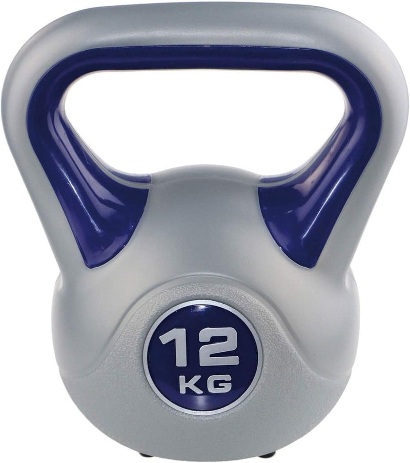 Laad afbeelding in Galerijviewer, De &quot;Bereik je fitnessdoelen in stijl met onze kleurrijke kettlebells!&quot; is een grijze kettlebell van 12 kg met een blauw handvat, ideaal voor full-body training in je homegym.
