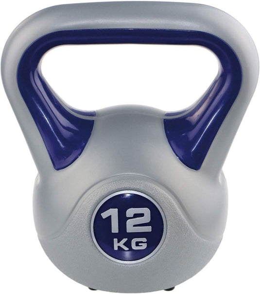 De "Bereik je fitnessdoelen in stijl met onze kleurrijke kettlebells!" is een grijze kettlebell van 12 kg met een blauw handvat, ideaal voor full-body training in je homegym.