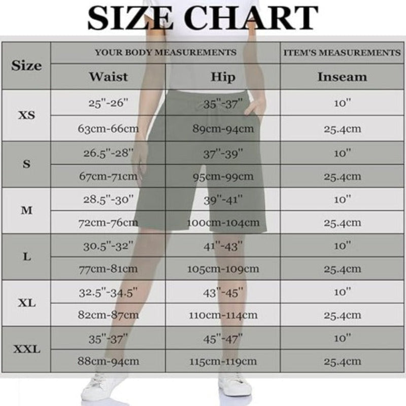 Laad afbeelding in Galerijviewer, De Bermudashort voor dames heeft een verstelbare tailleband en een comfortabele pasvorm met een binnenbeenlengte van 10 inch, met een maattabel voor taille, heup en binnenbeenlengte in centimeters voor de maten XS tot en met XXL.

