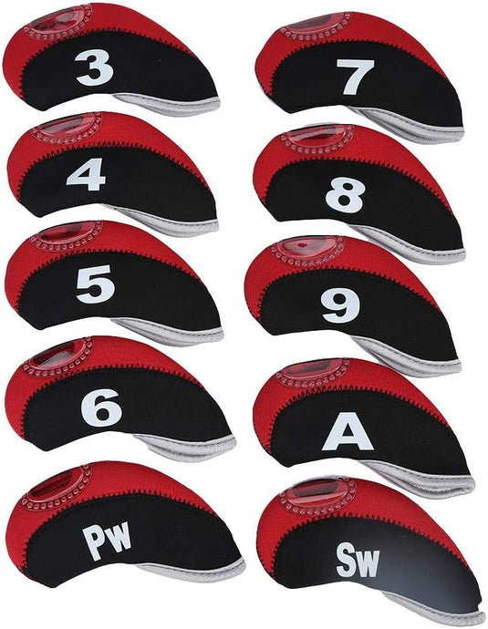 Deze duurzame, waterdichte golfclubhoofdhoezen, genummerd van 3 tot en met 9 met de labels A, Pw en Sw, bieden zowel stijl als bescherming voor uw clubs.