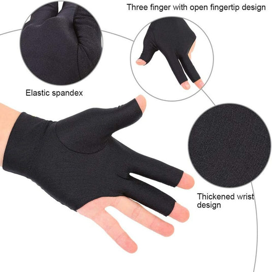 De zwarte biljarthandschoen "Verhoog je biljartspel" is gemaakt van elastisch spandex, heeft open vingertoppen en een verdikt polsontwerp.