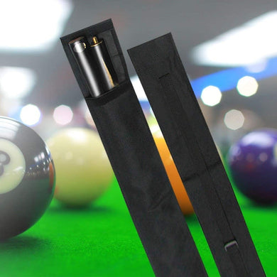 Nylon poolkeuhouder, Bescherm je biljartclub in stijl, heeft twee compartimenten op een wazige biljartbalachtergrond tegen groen vilt, en biedt duurzame bescherming tegen krassen.