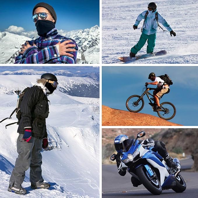 Laad afbeelding in Galerijviewer, Collage van vijf afbeeldingen: avonturier in onze multifunctionele bivakmuts op besneeuwde berg, snowboarder, fietser op rode rots, persoon die skiet in overdekte uitrusting en motorrijder die cruiset. Een perfect momentopname van opwindende buitenactiviteiten.
