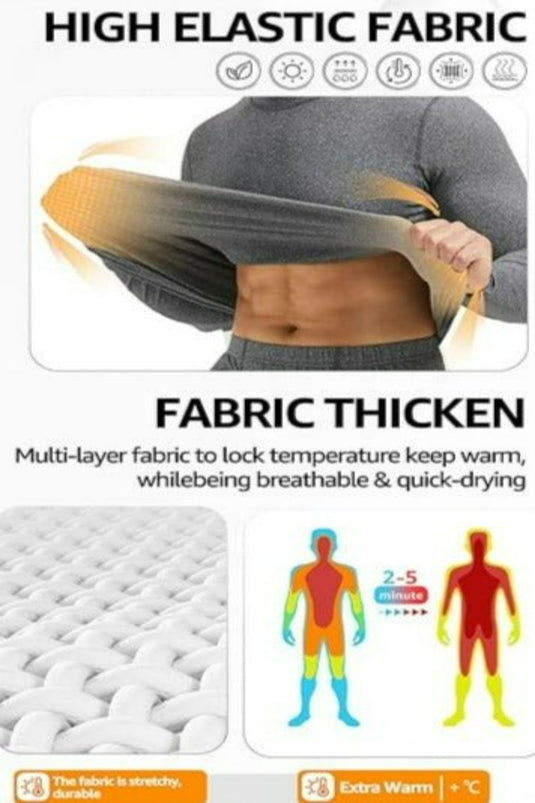 Een man rekt een shirt uit van zeer elastische stof uit ons "Blijf warm en comfortabel met ons thermo-ondergoed voor heren". Dit shirt is gemaakt van meerlaagse dikke stof voor warmte, ademend vermogen, snel drogend en winddicht materiaal voor optimale temperatuurbehoud en comfort.