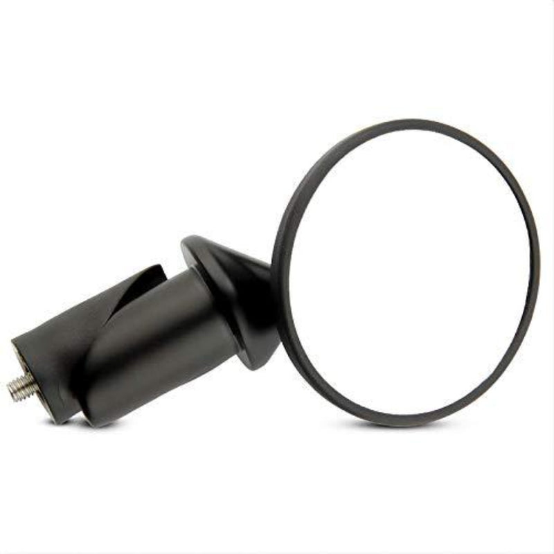 Laad afbeelding in Galerijviewer, Ronde, zwarte motorfietszijspiegel met montagebeugel, die de duurzaamheid van de veelzijdige BM-45 stuureinde fietsspiegel benadrukt, afgebeeld op een witte achtergrond.
