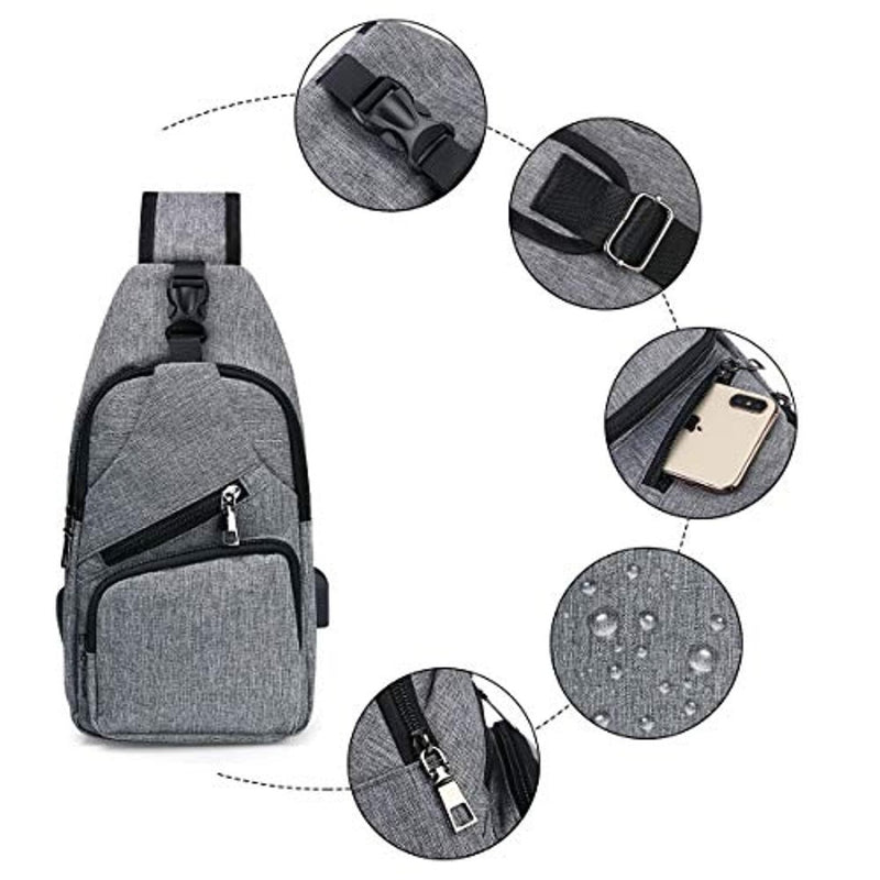 Laad afbeelding in Galerijviewer, Ontdek de ultieme vrijheid met onze veelzijdige crossbody tas! Deze grijze slingrugzak heeft meerdere compartimenten, ritsen, een verstelbare band, een telefoonvak, waterbestendige stof, een cirkelvormig inzetstuk dat het ontwerp benadrukt en een externe USB-oplaadpoort voor gemak onderweg.
