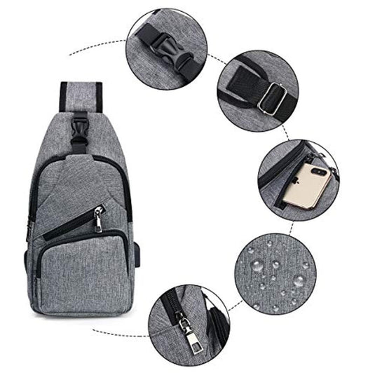 Ontdek de ultieme vrijheid met onze veelzijdige crossbody tas! Deze grijze slingrugzak heeft meerdere compartimenten, ritsen, een verstelbare band, een telefoonvak, waterbestendige stof, een cirkelvormig inzetstuk dat het ontwerp benadrukt en een externe USB-oplaadpoort voor gemak onderweg.