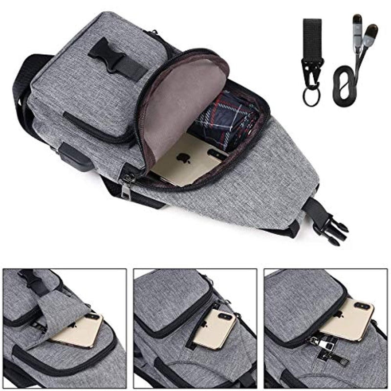 Laad afbeelding in Galerijviewer, De crossbodytas &quot;Ontdek de ultieme vrijheid&quot; in strak grijs biedt meerdere vakken voor smartphone en accessoires en is voorzien van een verstelbare band, sleutelhanger en externe USB-oplaadpoort voor gemak onderweg.
