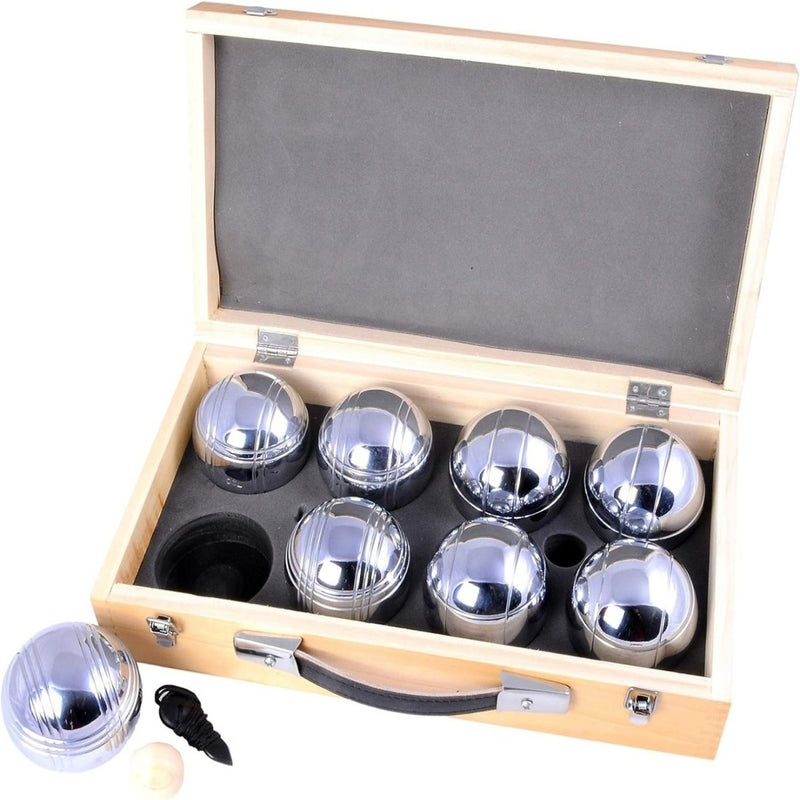Laad afbeelding in Galerijviewer, Een luxe cadeau-idee: &quot;Geniet van eindeloos plezier met ons petanque spel in houten kist,&quot; inclusief acht zilveren boules, een houten jack en een accessoire voor jeu de boules.
