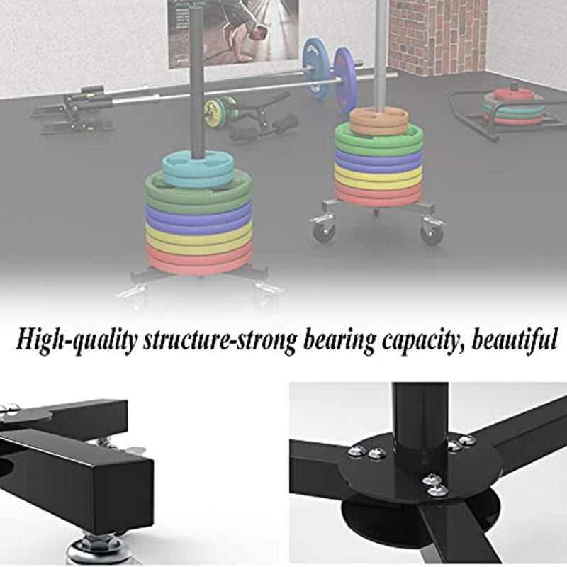 Laad afbeelding in Galerijviewer, Fitnessapparatuur die duurzaamheid en esthetiek laat zien met kleurrijke &quot;Bumperplatenrek: De ideale opslagoplossing voor je haltertegengewichtplaten&quot; en een halter.
