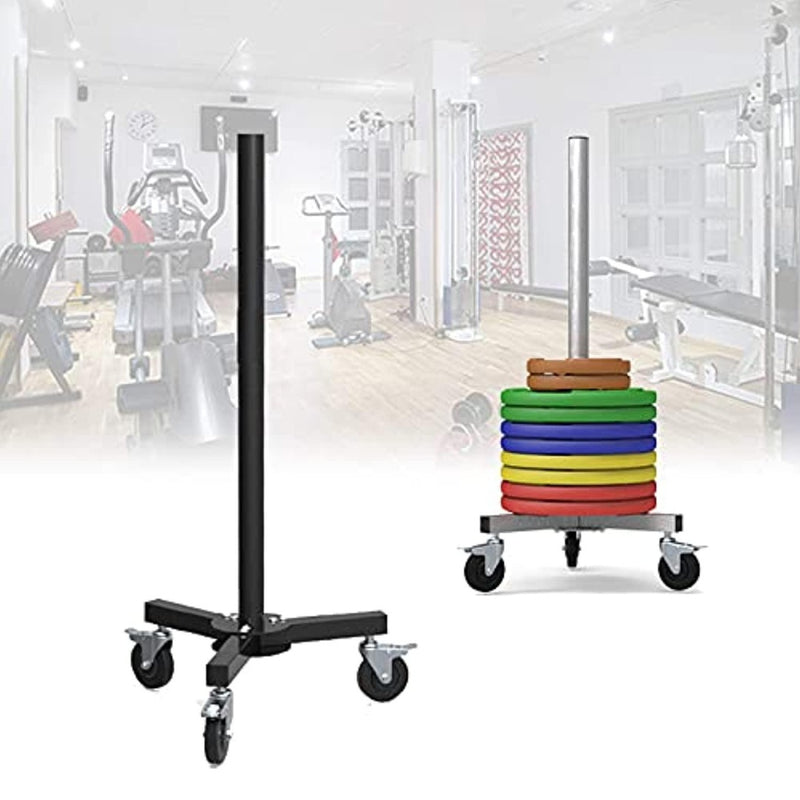 Laad afbeelding in Galerijviewer, De sportschool beschikt over apparatuur met een stalen frame en een zwarte kar met wielen die een stapel kleurrijke Bumperplatenrek bevat, de ideale opslagoplossing voor uw haltertegenwichtplaten. Verschillende fitnessapparaten vullen de bruisende achtergrond.

