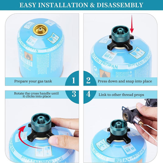 Vierstappenplan voor het installeren van een gasfles op uw kampeerfornuis: 1. Bereid de gasfles voor. 2. Druk en klik vast. 3. Draai de hendel totdat u een klik hoort. 4. Gebruik de Campingaz-adapter: de ultieme manier om te koken tijdens je kampeeravonturen voor naadloze integratie met andere draadrekwisieten.