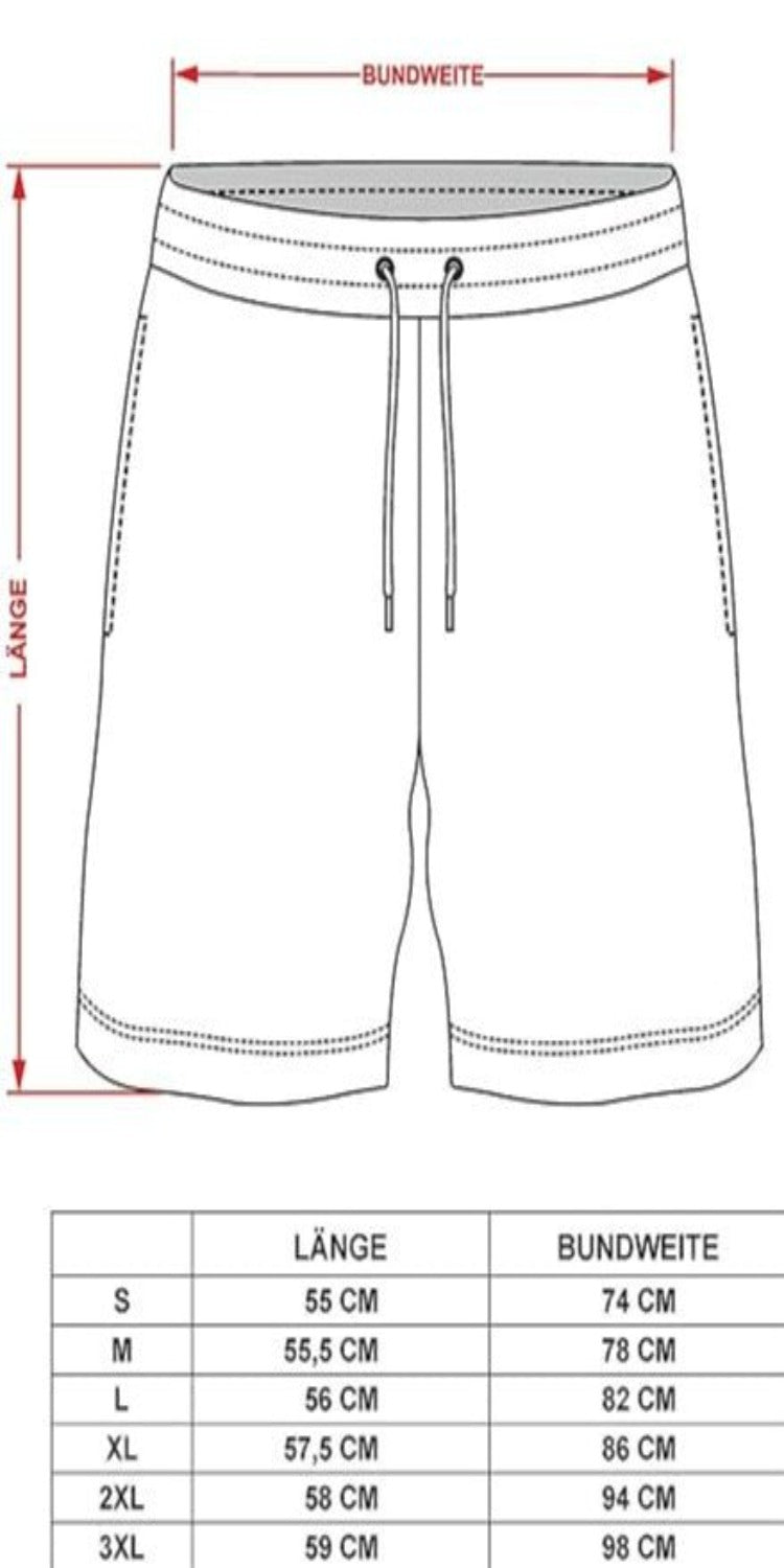 Laad afbeelding in Galerijviewer, Diagram van &quot;Comfortabele, veelzijdige bermuda shorts voor heren&quot; bevat een maattabel. Lengte (&quot;Länge&quot;) en tailleband (&quot;Bundweite&quot;) in cm voor maten S tot 3XL. Gemaakt van ademend materiaal voor ultiem comfort.
