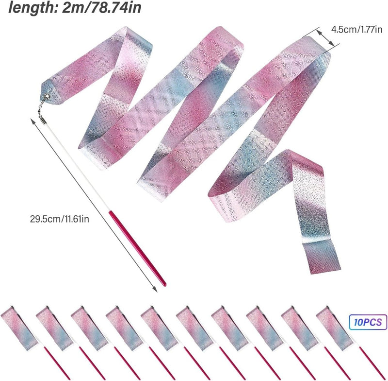 Load image into Gallery viewer, Het product &quot;Dansbanden voor kinderen: De ultieme manier om je dansroutines naar een hoger niveau te tillen&quot; bestaat uit een 2 meter lang, 4,5 cm breed lint met roze, blauw en wit verloop, gemaakt van lichtgewicht polyester voor ritmische sportgymnastiekroutines. De afbeelding toont 10 linten, elk met een rood en wit staafje.
