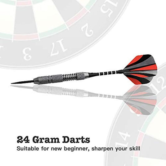 Een enkele dart met een rood-zwarte staart op een wit oppervlak. Tekst luidt: 