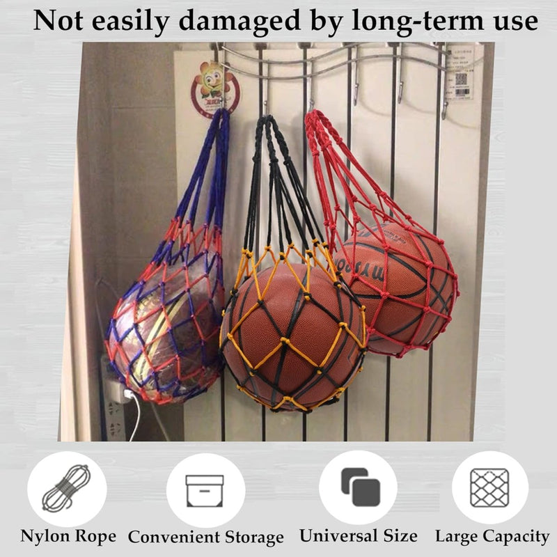 Laad afbeelding in Galerijviewer, Drie basketballen hangen in de kleuren rood, zwart en blauw &quot;De balnettas die je leven maakt praktisch&quot; aan een metalen rek en tonen hun duurzame materiaal, opberggemak, universele maat en grote capaciteit.
