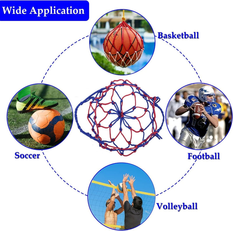 Laad afbeelding in Galerijviewer, Een diagram toont &quot;De balnettas die je leven praktisch maakt&quot;, een multisportnet dat perfect is voor basketbal, voetbal, voetbal en volleybal. Omgeven door sportfoto&#39;s en blauwe tekst met de tekst &#39;Wide Application&#39;, is het gemaakt van duurzaam materiaal voor sportliefhebbers.
