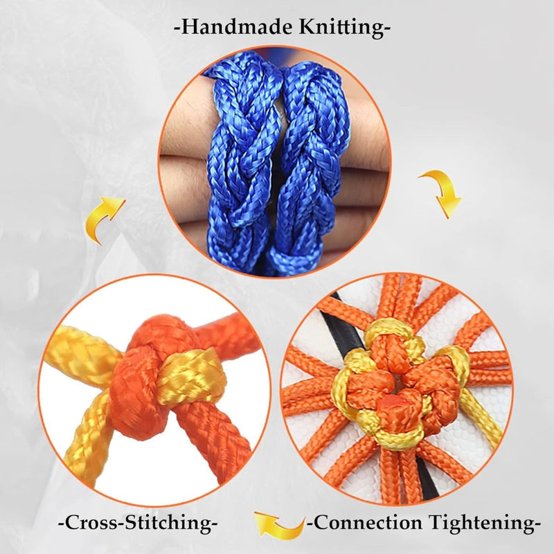 Laad afbeelding in Galerijviewer, Er worden twee blauw gevlochten touwen getoond. Hieronder toont &quot;De balnettas die je leven praktisch maakt&quot; op elegante wijze drie cirkels die handgemaakt breien, kruissteken met oranje en geel touw en het aanhalen van verbindingen met duurzaam materiaal illustreren.
