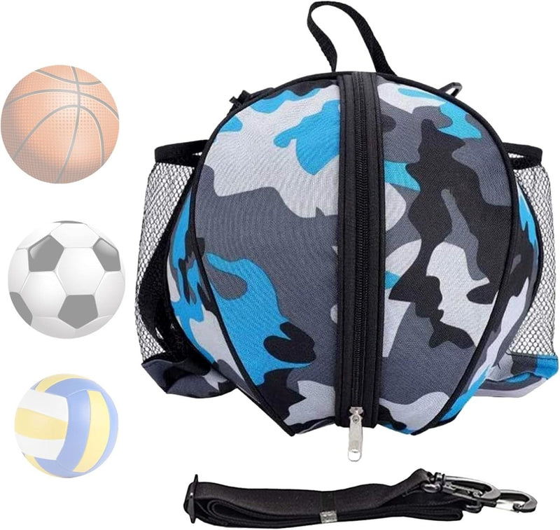 Load image into Gallery viewer, Camoufleer basketbaltasjes gemaakt van duurzaam materiaal met een ritssluiting en riem, en laat de grote capaciteit zien met illustraties van een basketbal, voetbal en volleybal. Product: De basketbaltas die je nodig hebt om je spel naar een hoger niveau te tillen.
