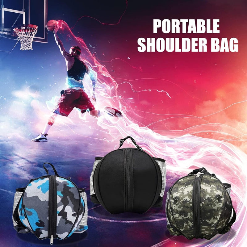Load image into Gallery viewer, Drie basketbalvormige schoudertassen, gemaakt van duurzaam materiaal, geven unieke patronen met een dynamische basketballer die tegen een levendige achtergrond dunkt. Tekst: &quot;De basketbaltas die je nodig hebt om je spel naar een hoger niveau te tillen.
