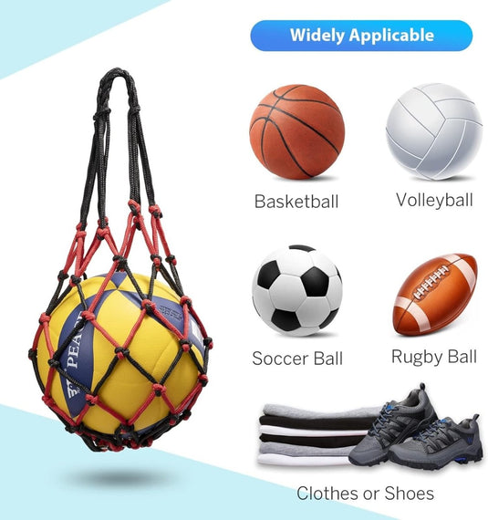 Nettas met een basketbal en afbeeldingen van een volleybal, voetbal, rugbybal, kleding en schoenen. De tekst luidt "Widely Applicable", wat het gebruik ervan als "De ideale ballentas voor elke sporter" voor verschillende items benadrukt.