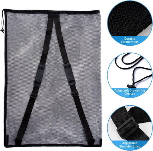 De "De ideale ballentas voor elke sporter" is een lichtgewicht zwarte mesh tas met schouderbanden. Afbeeldingen tonen het duurzame elastische mesh, de verstelbare trekkoordsluiting en de schouderband voor een duurzaam ontwerp.