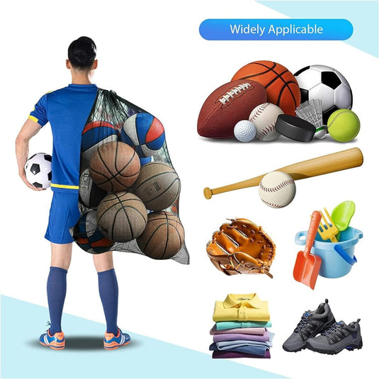 Een persoon in sportkleding houdt "De ideale ballentas voor elke sporter" vast, gevuld met ballen, terwijl er in de buurt verschillende duurzame sportuitrustingen, kleding en schoenen worden tentoongesteld. Tekst: "Breed toepasbaar.
