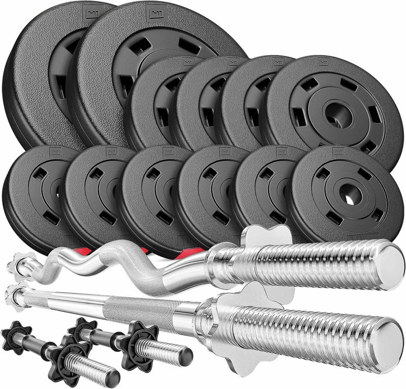 Load image into Gallery viewer, De 45 kg halterset is perfect voor krachttraining thuis en wordt geleverd met zwarte halterschijven, zilveren halters en spin-lock sluitingen.
