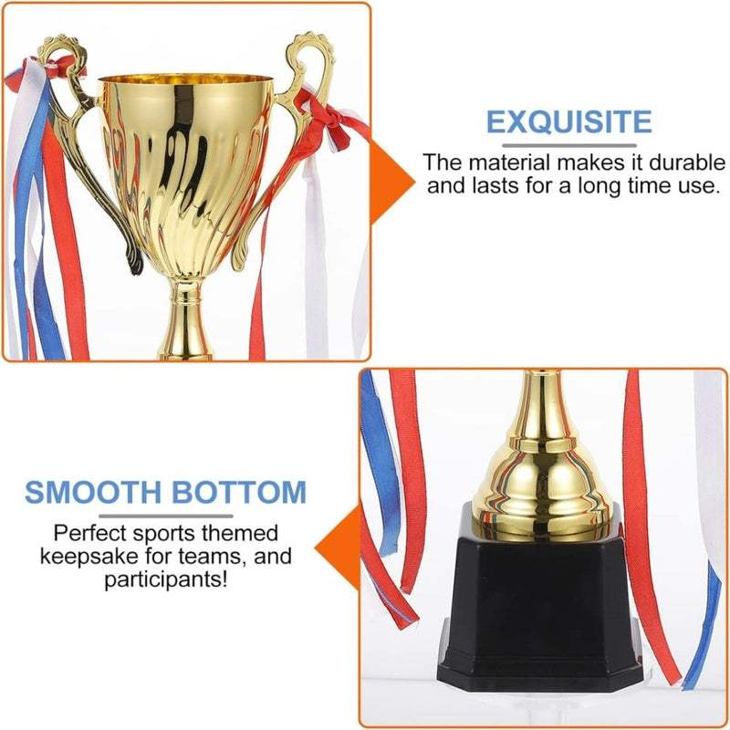 Laad afbeelding in Galerijviewer, De perfecte gouden trofee voor jouw prestaties wordt versierd met rood, wit, en blauwe linten. Tekst herhaaldelijk zijn duurzaamheid en blije basis, waardoor het een sportief aandenken is dat personaliseerbaar is voor extra bijzondere erkenning.
