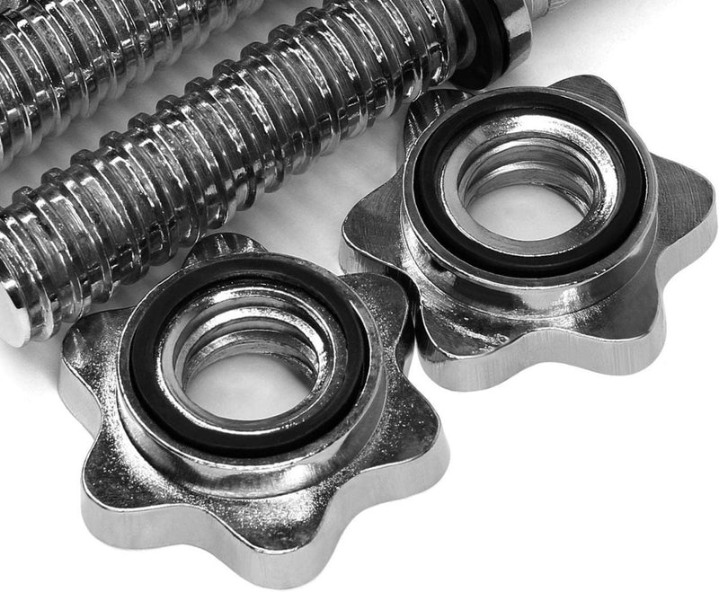 Load image into Gallery viewer, Close-up van twee metalen stervormige moeren en draadstangen, waarbij de plaatsing van de &quot;De perfecte SZ curlstang voor een sterkere biceps&quot; op een wit oppervlak goed te zien is.
