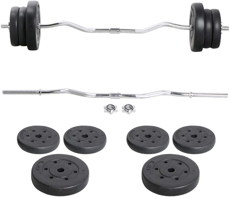 Load image into Gallery viewer, De perfecte SZ curl bar voor sterkere biceps bestaat uit twee chromen stangen met zwarte gewichtsschijven en spinlock-sluitingen, zowel los als gemonteerd afgebeeld. Ideaal voor professionele bicepstraining.
