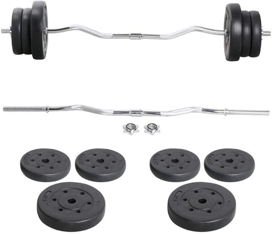 De perfecte SZ curl bar voor sterkere biceps bestaat uit twee chromen stangen met zwarte gewichtsschijven en spinlock-sluitingen, zowel los als gemonteerd afgebeeld. Ideaal voor professionele bicepstraining.