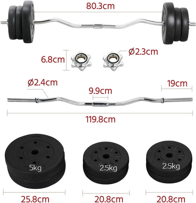 Load image into Gallery viewer, Een diagram van &quot;De perfecte SZ curlstang voor een sterkere biceps&quot;, ideaal voor professionele bicepstraining, met een SZ-vormige stang, twee spin locks en gewichtsschijven: twee schijven van 5 kg en vier schijven van 2,5 kg met specifieke diameters.
