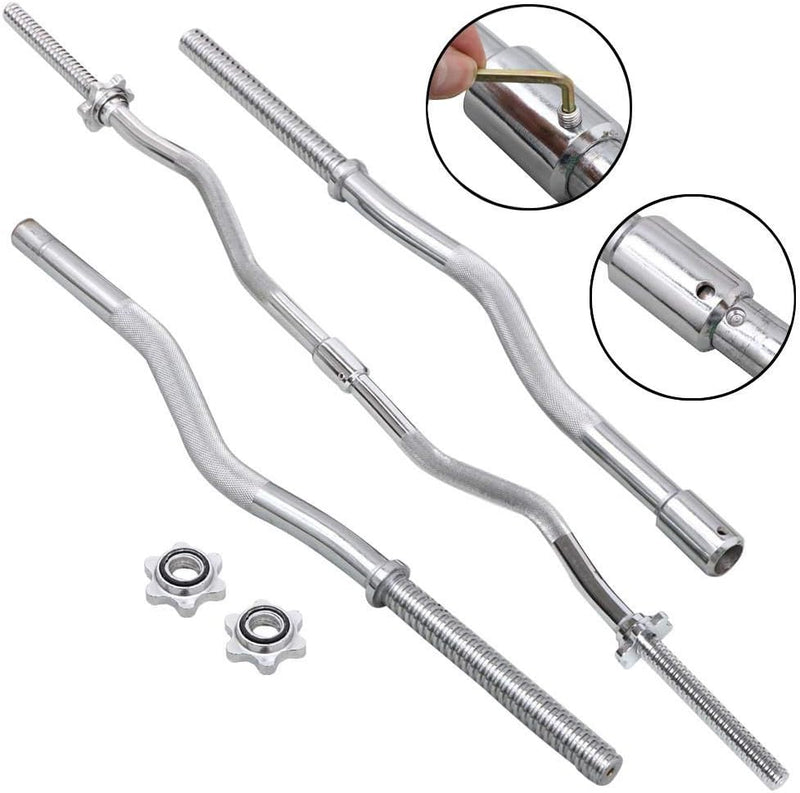 Load image into Gallery viewer, Het product &quot;De perfecte SZ curlstang voor een sterkere biceps&quot; bevat drie zilveren metalen curlstangen met schroefdraadgedeelten en kragen, ontworpen voor SZ-vorming en professionele bicepstraining. Het bevat een boutbevestigingsmechanisme en twee stervormige kragen voor veilig tillen.
