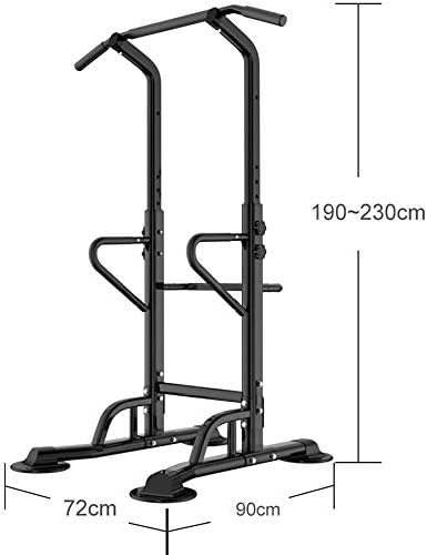 Laad afbeelding in Galerijviewer, De power tower waarmee je thuis een complete workout krijgt is zwart en verstelbaar met afmetingen van 72cm x 90cm en een hoogte van 190cm tot 230cm, ontworpen voor optimale stabiliteit en veiligheid.
