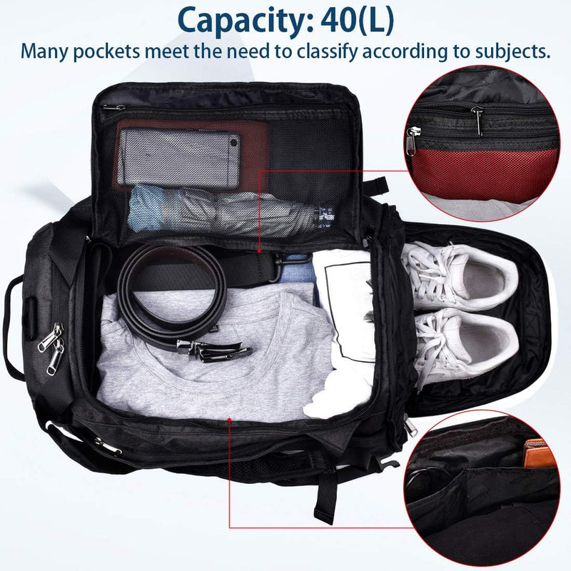 Load image into Gallery viewer, De &quot;De sporttas die je leven maakt&quot; is een zwarte reisrugzak met een inhoud van 40 liter, met compartimenten voor schoenen, kleding, riem en paraplu. Het bevat een ritsvak voor uw portemonnee, waardoor het ideaal is voor reizigers die op zoek zijn naar stijl en bruikbaarheid in één strak design.
