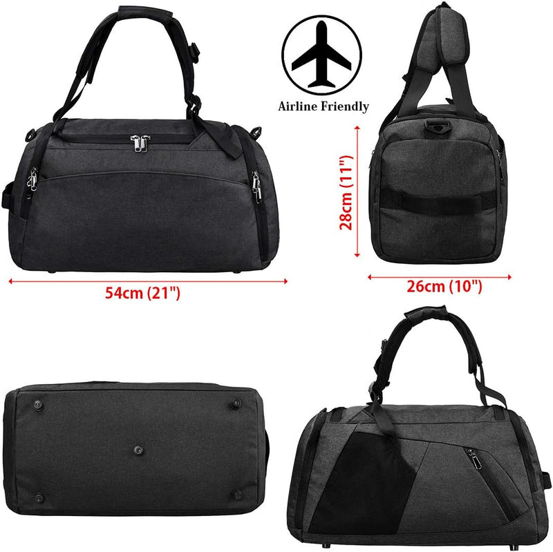Load image into Gallery viewer, Collage van De sporttas die je leven maakt praktisch een zwarte plunjezak: 54 cm lang, 28 cm hoog, 26 cm breed. Gelabeld &quot;Airline Friendly&quot; met vliegtuigpictogram. Deze waterdichte sporttas is voorzien van een schoenenvak om je spullen overzichtelijk in op te bergen.
