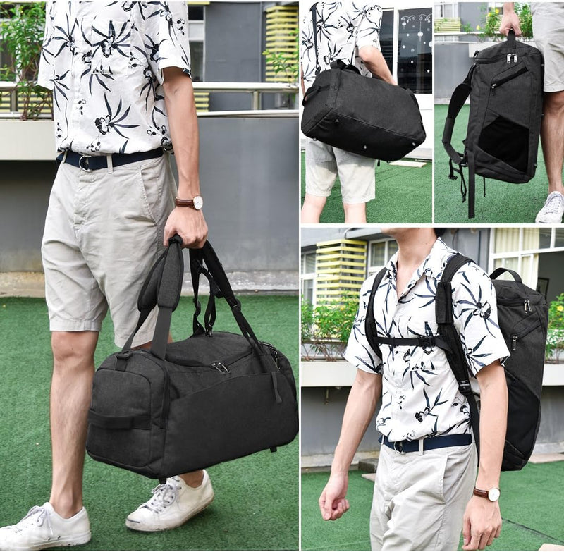 Load image into Gallery viewer, Een man in een gebloemd shirt en korte broek wordt getoond met &quot;De sporttas die je leven maakt praktisch&quot;, een veelzijdige waterdichte tas die zowel als sporttas als als rugzak kan worden gebruikt voor verschillende buitenomgevingen.
